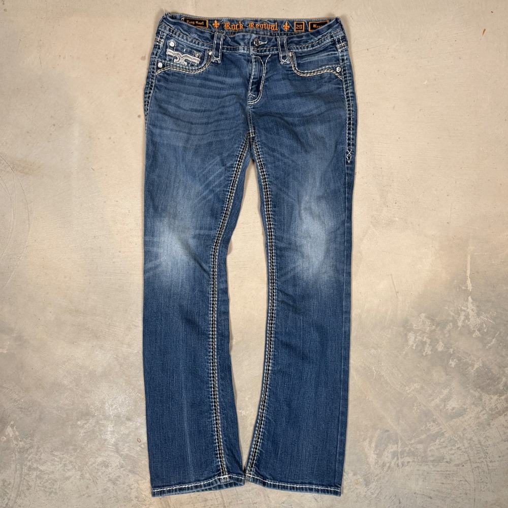 Rock Revival Nancy Easy Boot Jeans Size 29 Medium Wash Rhinestone Fleur De Lis